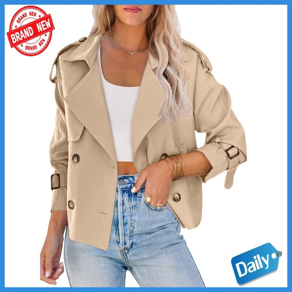 Double Breasted Trench Coat Raglan Sleeve Cropped Jacket with Pockets